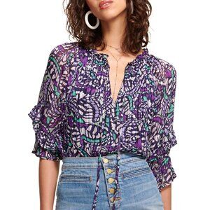 NWT Ramy Brook Altyn Butterfly Print Tiered Sleeve Blouse, Small